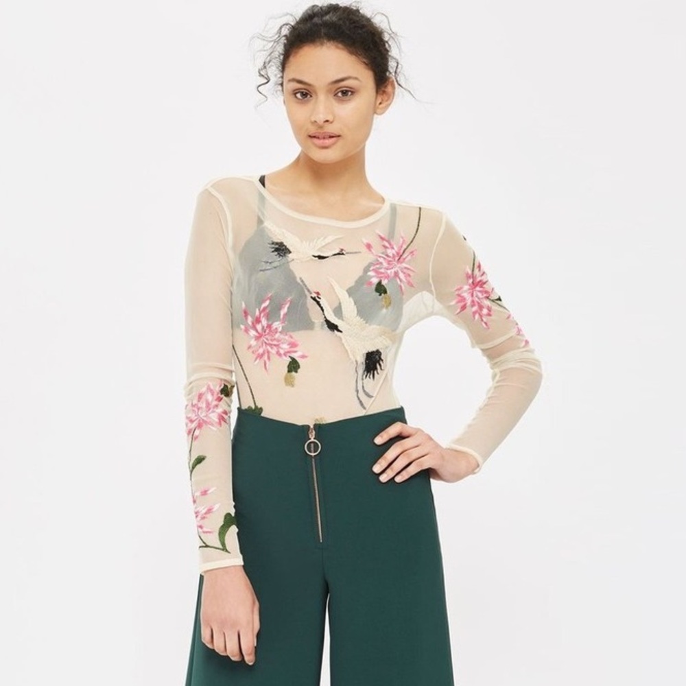 Topshop Bird Embroidered Tulle Bodysuit
